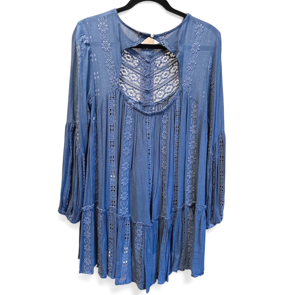 Free People Kiss Kiss Blue Prairie Lace Embroidered Flowy Boho Top Small - Picture 3 of 9